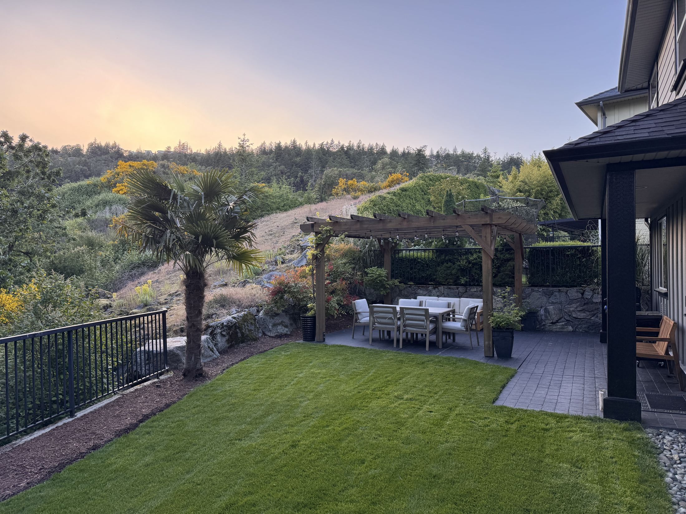 The garden at sunset, looking out to the hills